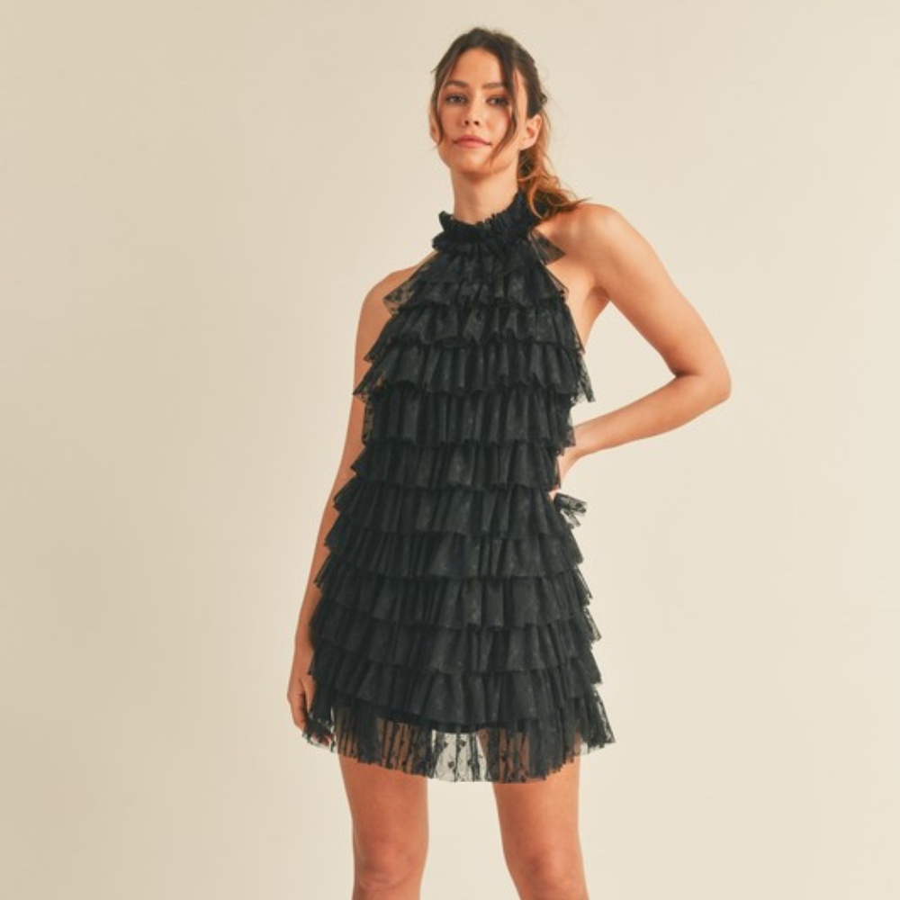 Floral print lace high neck halter ruffle tiered frill mini dress